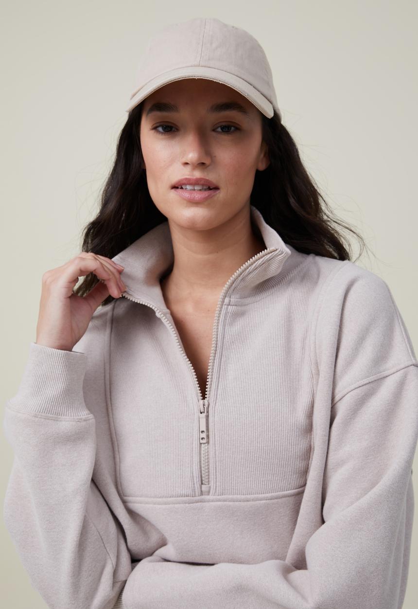 Cotton On - Plush rib half zip - sesame marle