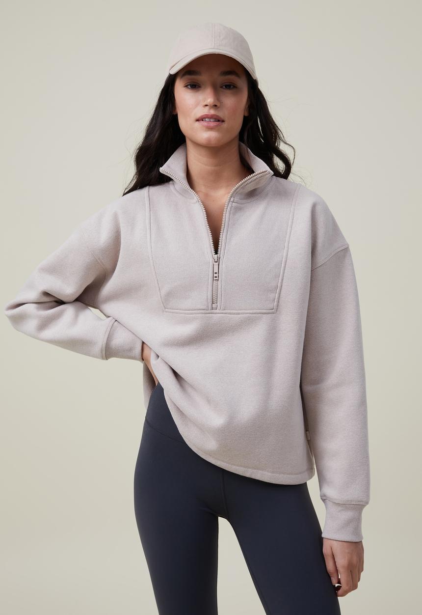 Cotton On - Plush rib half zip - sesame marle