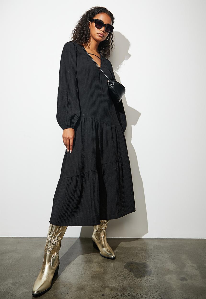 Superbalist - Drop waist balloon sleeve midi dress - black