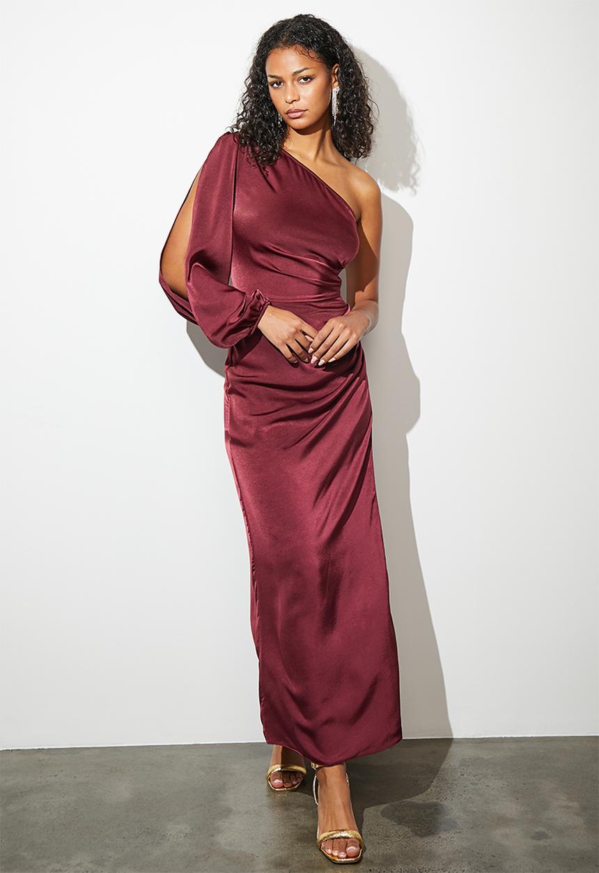 Superbalist - One shoulder balloon sleeve maxi with slit - chocolate truffle