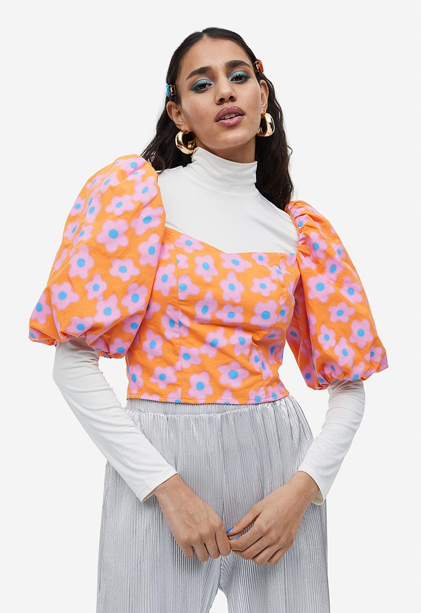 H&M - Puff-sleeved poplin blouse - orange/floral