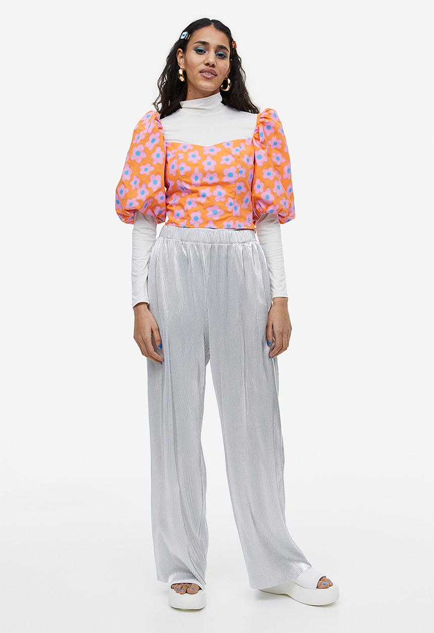 H&M - Puff-sleeved poplin blouse - orange/floral