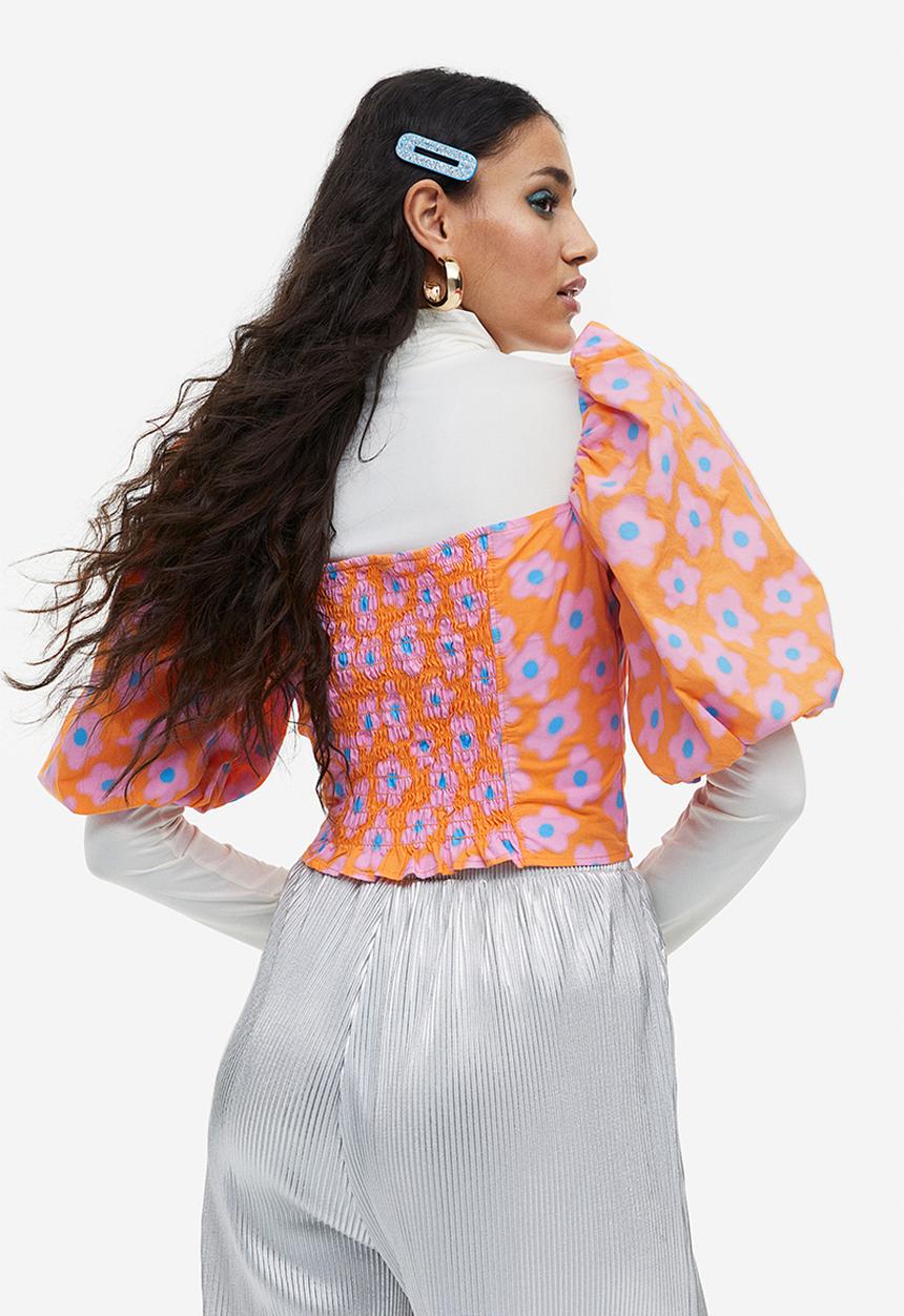 H&M - Puff-sleeved poplin blouse - orange/floral