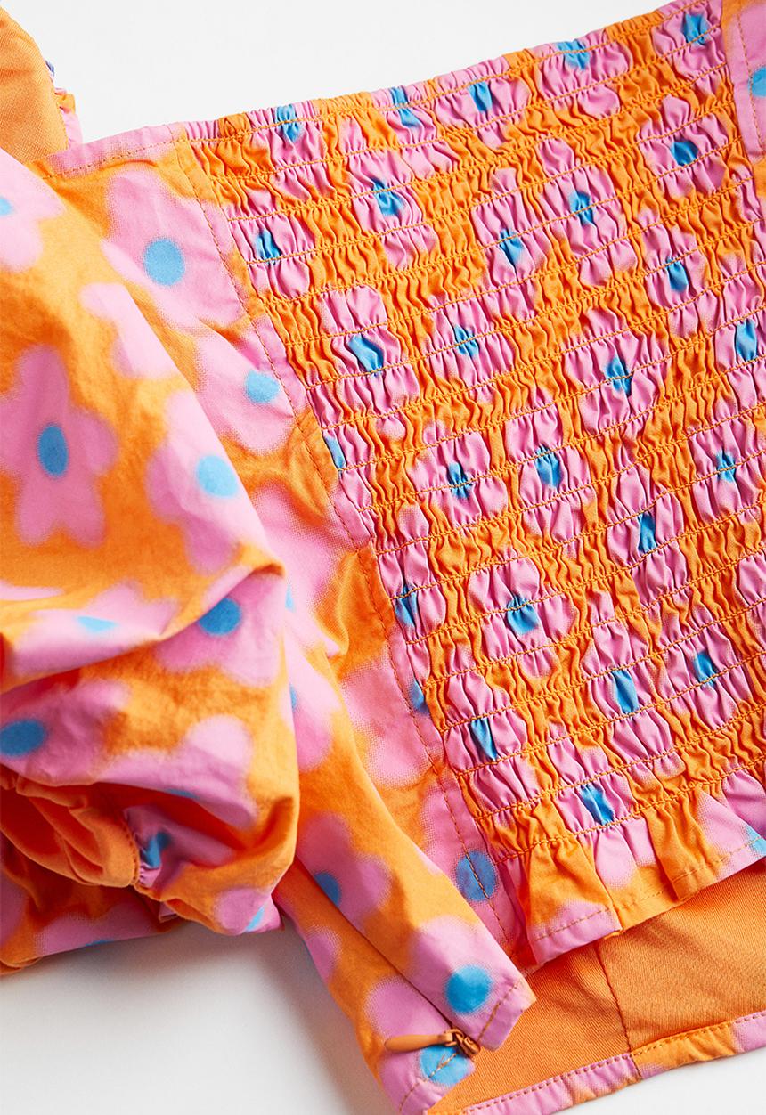 H&M - Puff-sleeved poplin blouse - orange/floral