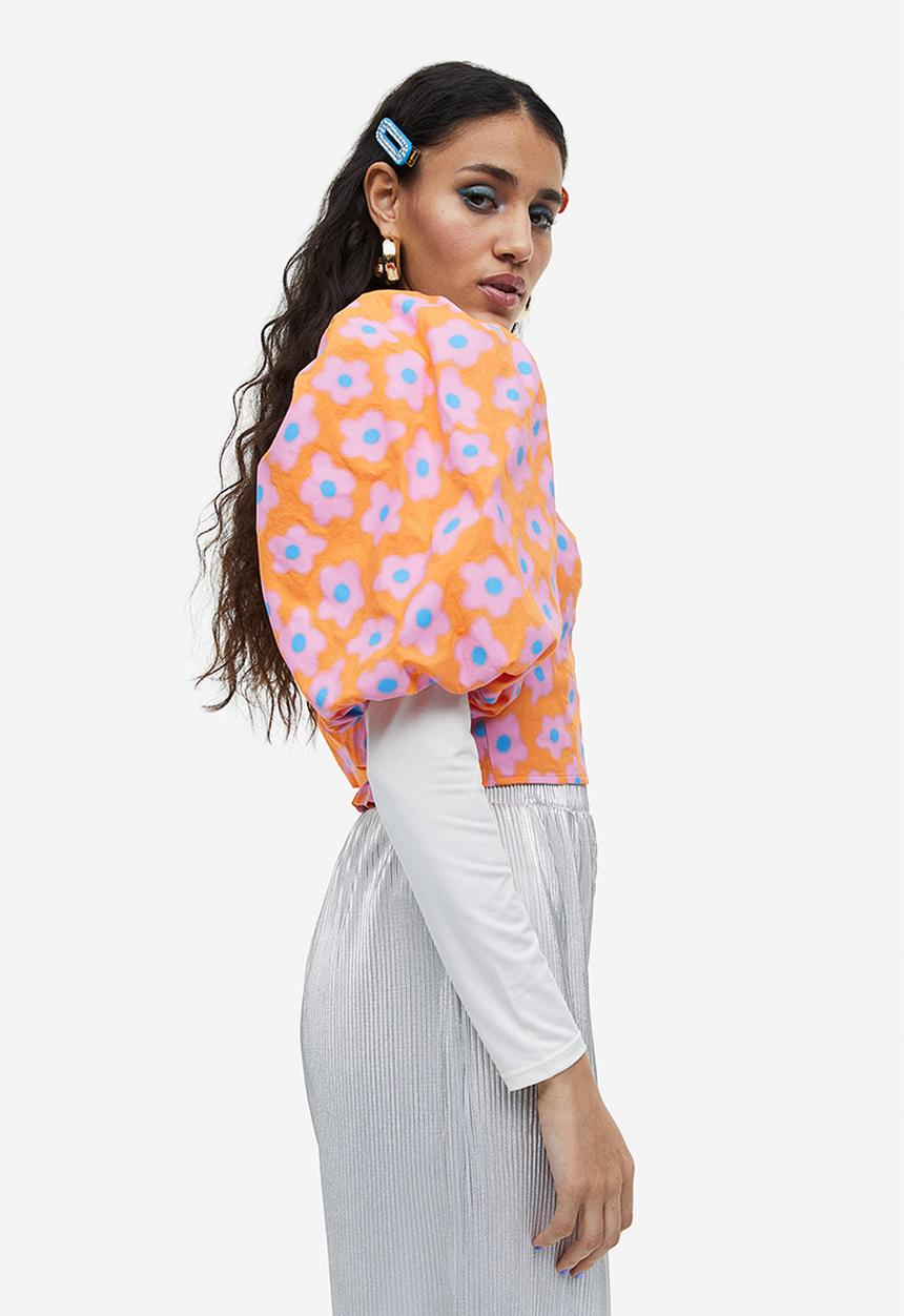 H&M - Puff-sleeved poplin blouse - orange/floral