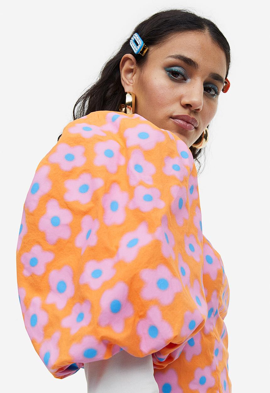 H&M - Puff-sleeved poplin blouse - orange/floral