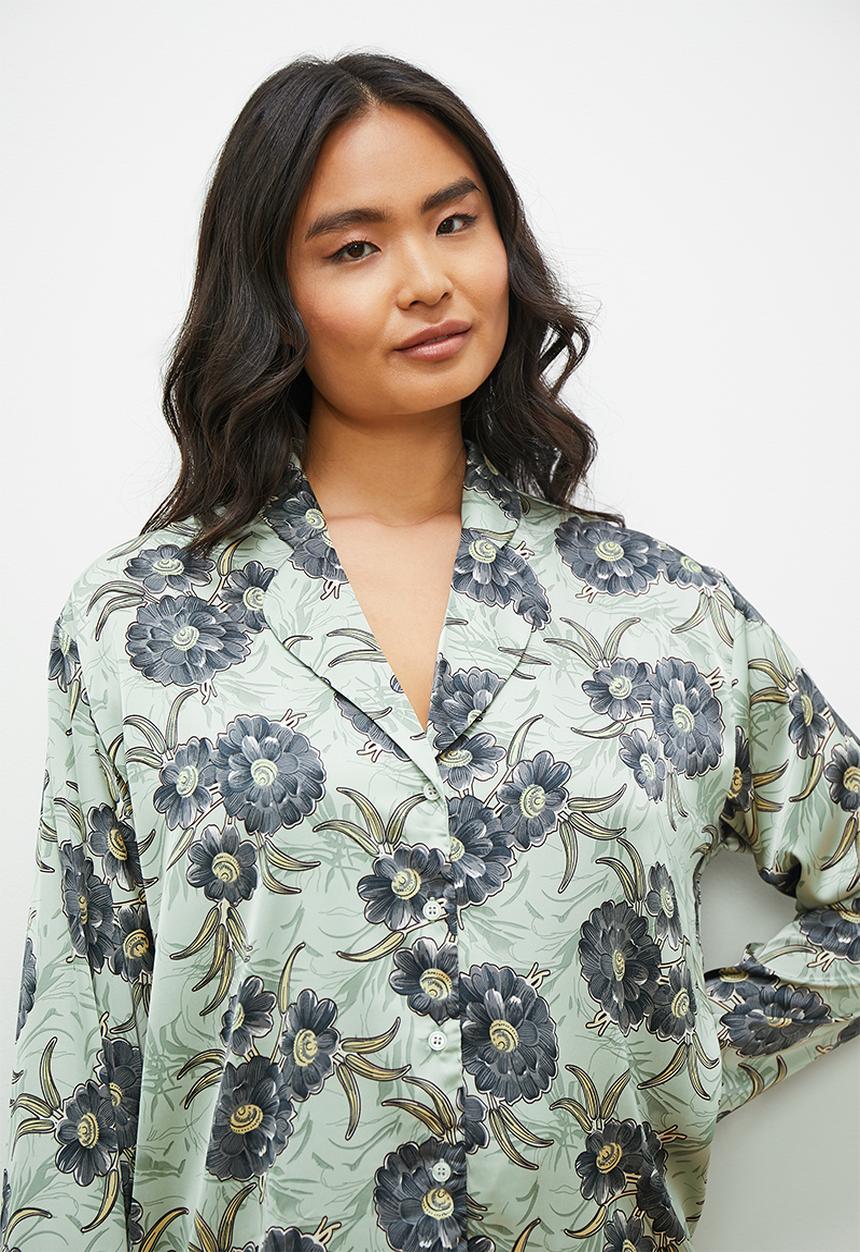 edit - Long sleeve sleep shirt & pant set - sage bloom