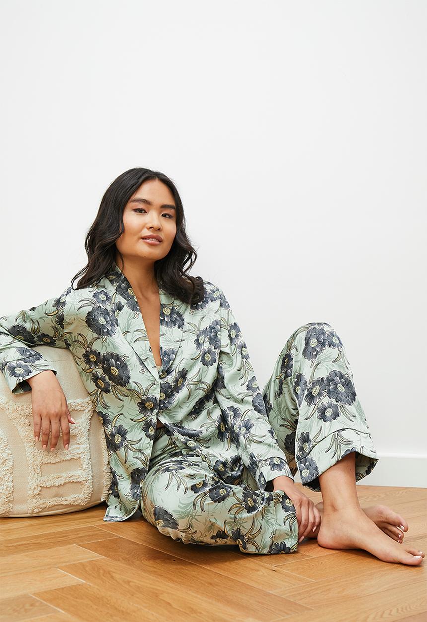edit - Long sleeve sleep shirt & pant set - sage bloom