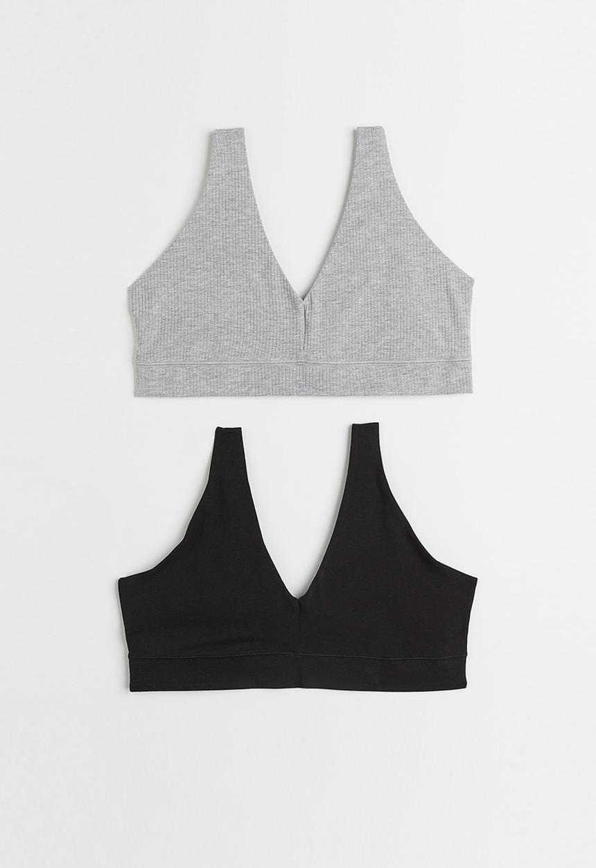 H&M - 2-pack non-padded jersey bra tops - light grey marl/black