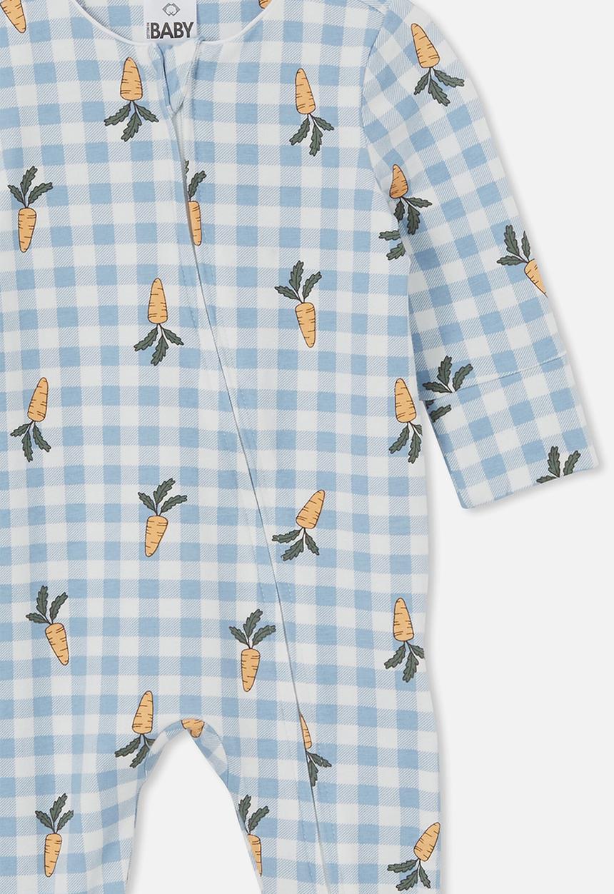 Cotton On - The long sleeve zip romper - dusty blue/gingham carrots