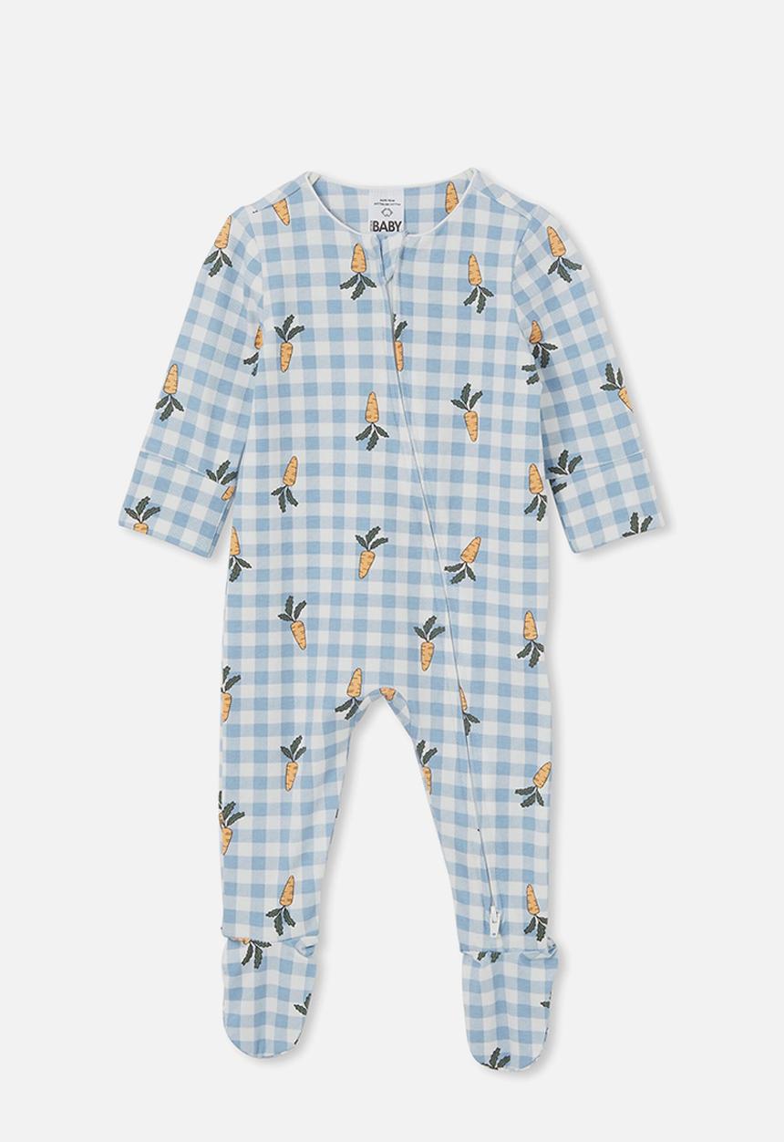 Cotton On - The long sleeve zip romper - dusty blue/gingham carrots