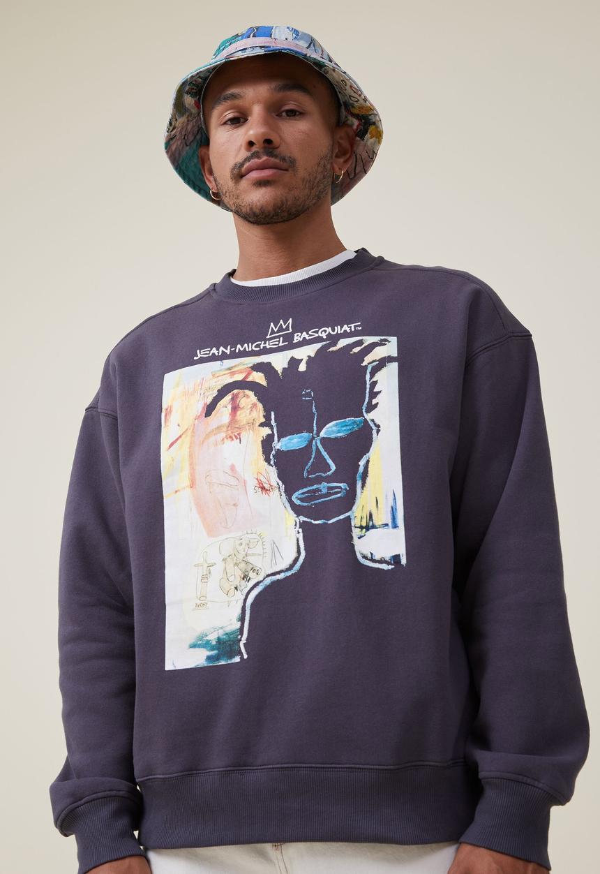 Cotton On - Basquiat oversized crew sweater - lcn bsq faded slate/portrait
