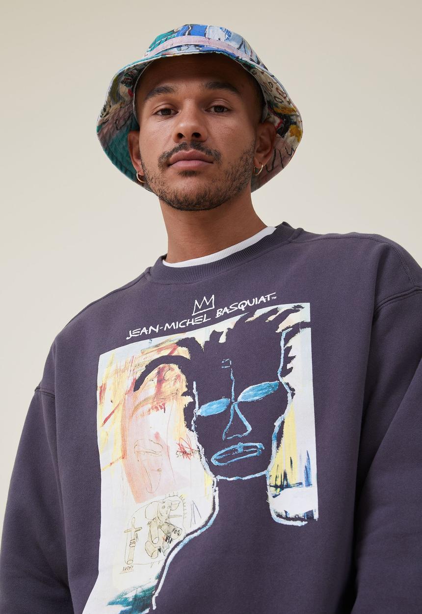 Cotton On - Basquiat oversized crew sweater - lcn bsq faded slate/portrait
