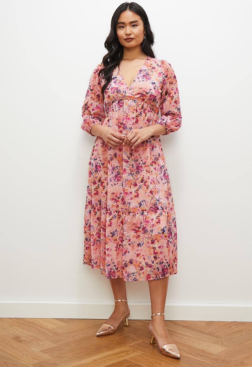 edit - Chiffon fit & flare balloon sleeve midi dress - blush smudge