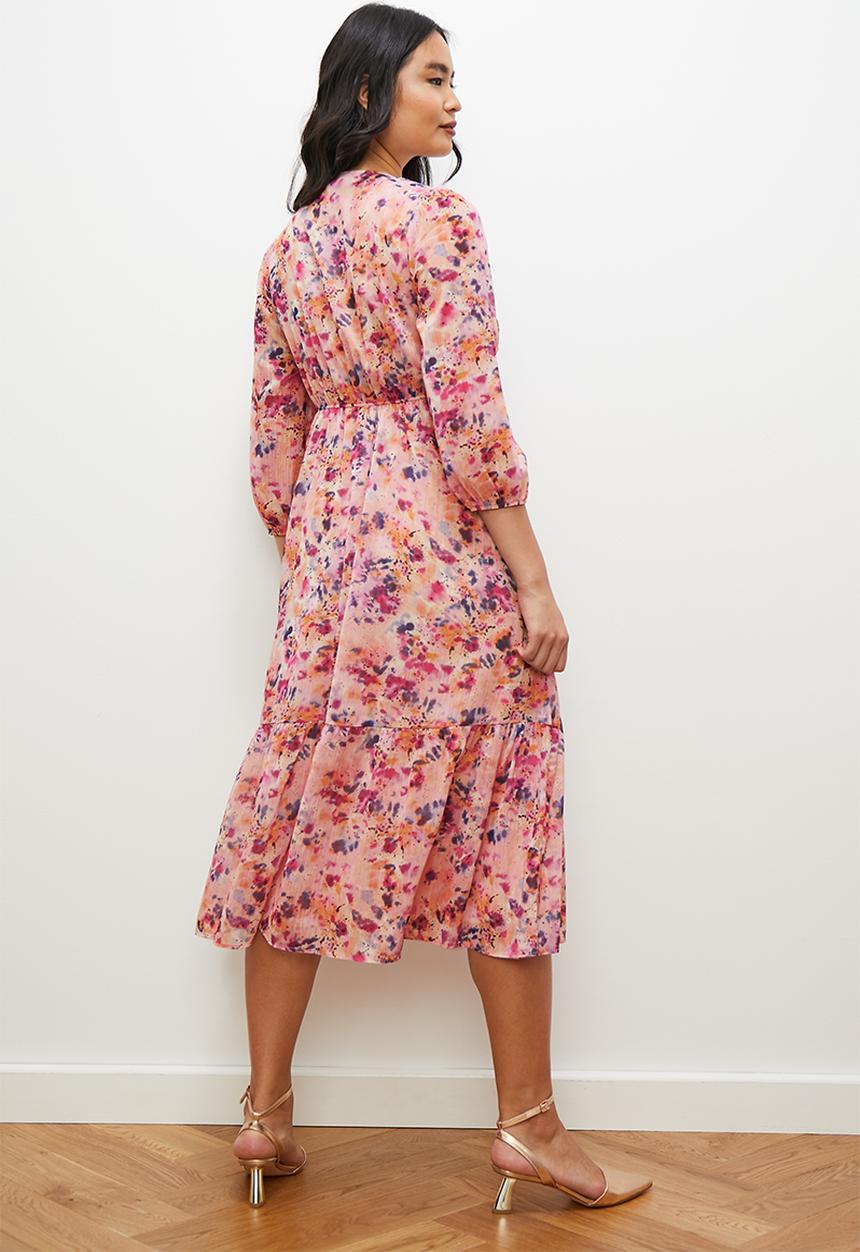 edit - Chiffon fit & flare balloon sleeve midi dress - blush smudge