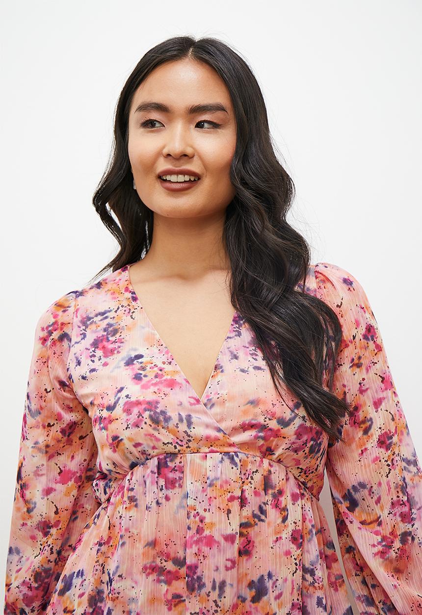 edit - Chiffon fit & flare balloon sleeve midi dress - blush smudge
