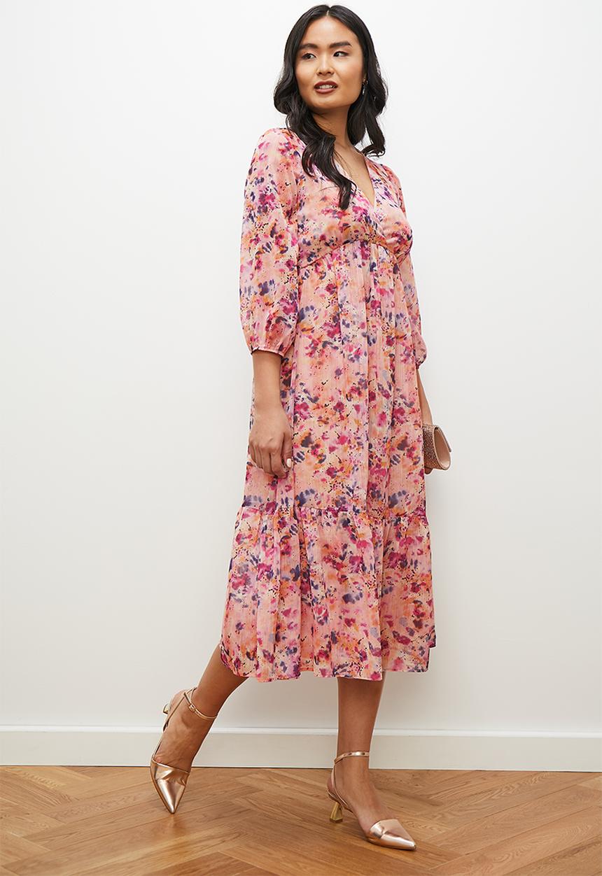 edit - Chiffon fit & flare balloon sleeve midi dress - blush smudge
