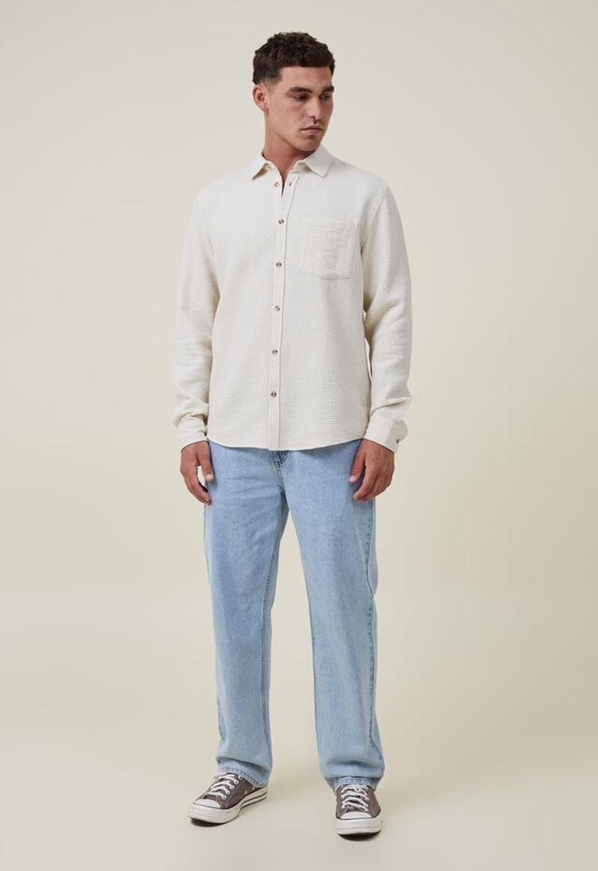 Cotton On - Portland long sleeve shirt - natural waffle