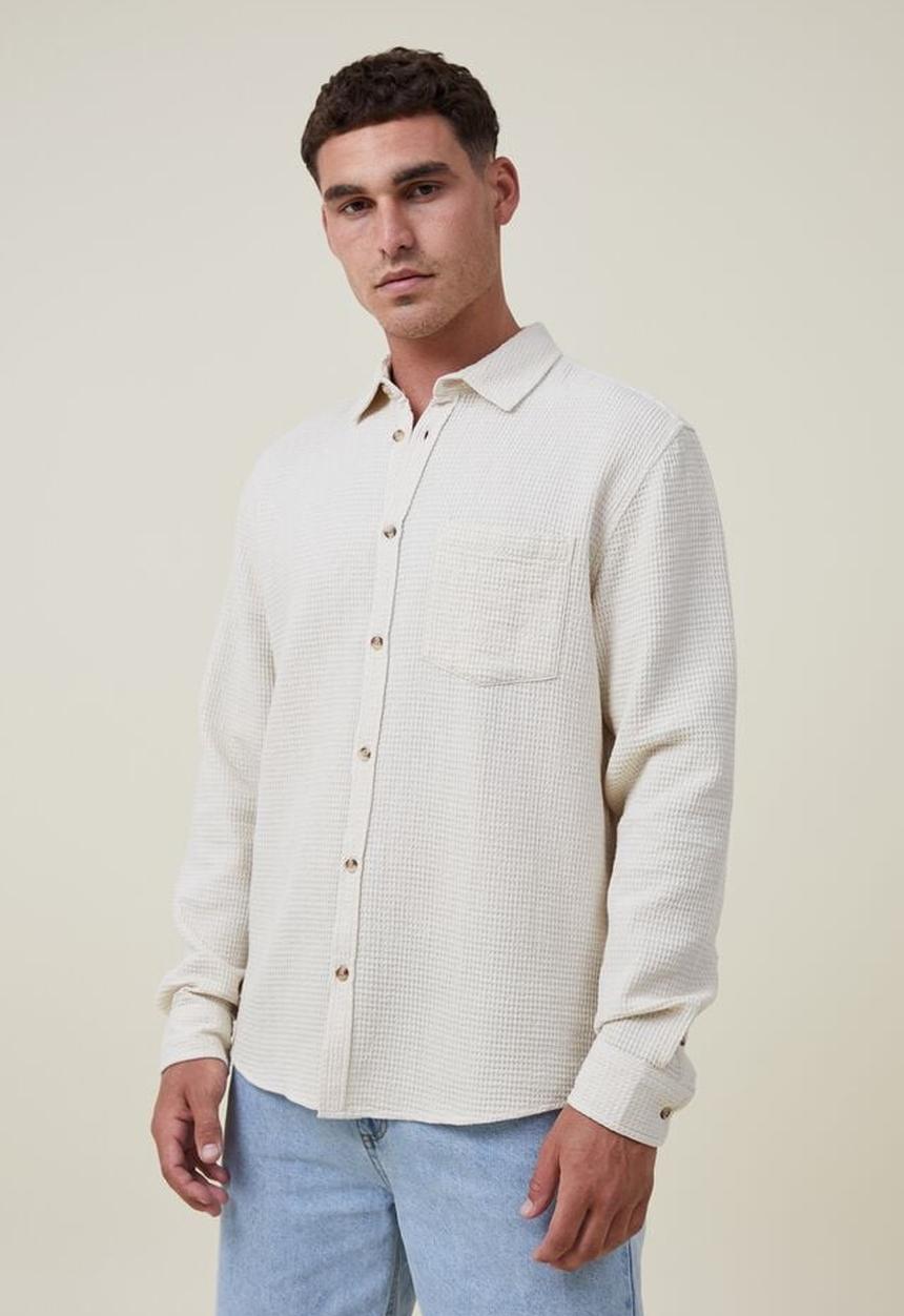 Cotton On - Portland long sleeve shirt - natural waffle