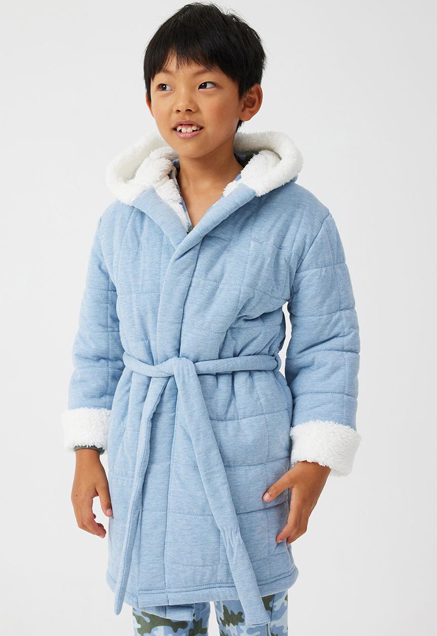 Cotton On - Boys hooded long sleeve quilted gown - dusty blue/vanilla contrast