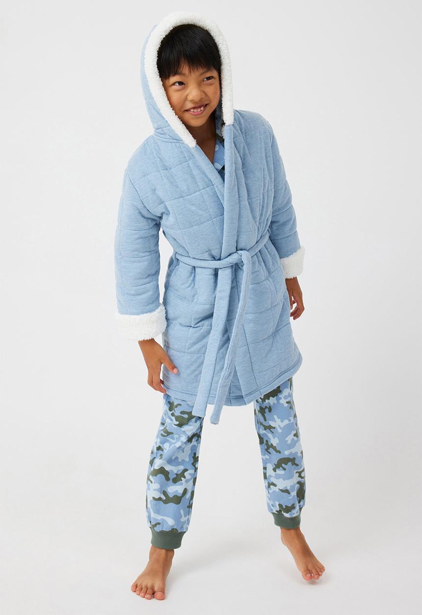 Cotton On - Boys hooded long sleeve quilted gown - dusty blue/vanilla contrast