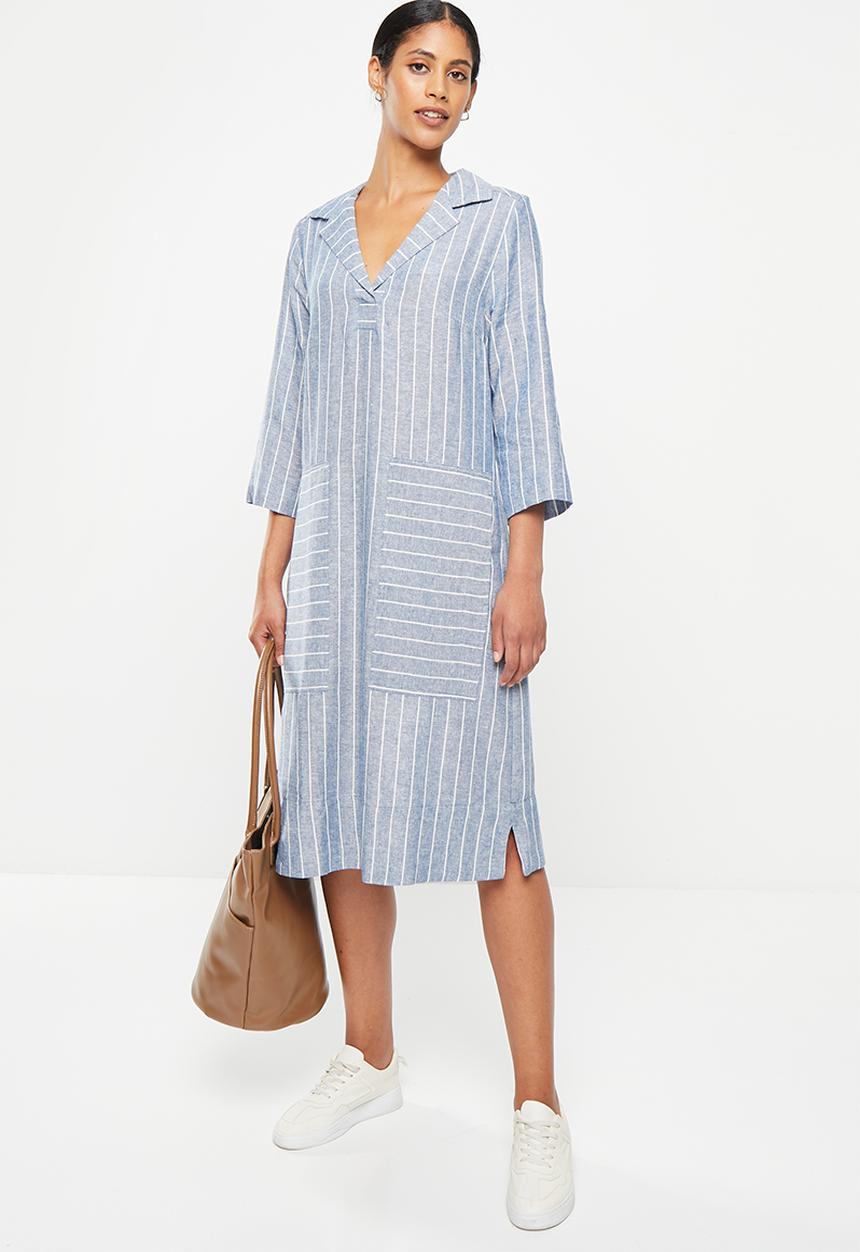 AMANDA LAIRD CHERRY - Bassonia dress - sky & white woven stripe