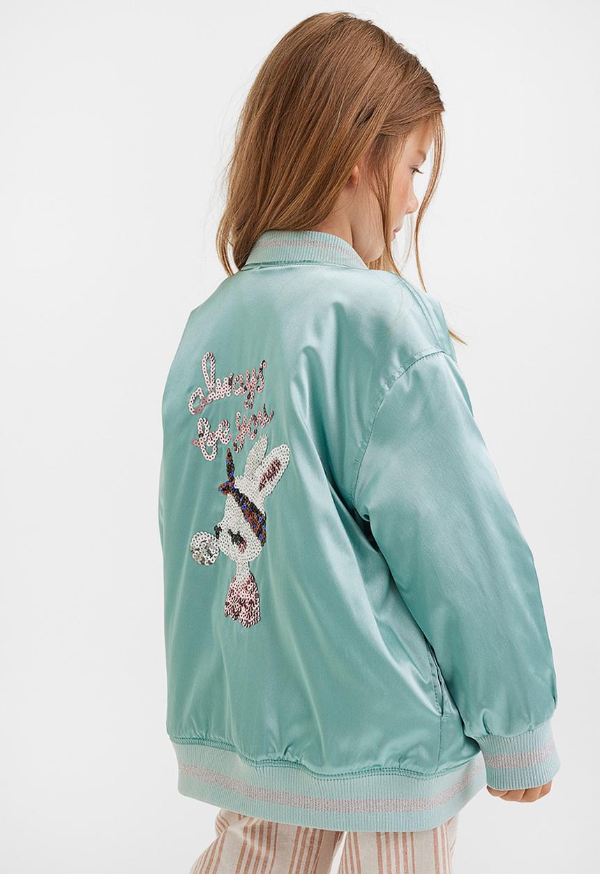 H&M - Sequin-motif satin bomber jacket - light turquoise/rabbit