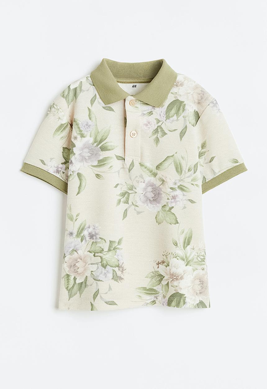H&M - Cotton piqué polo shirt - light beige/floral