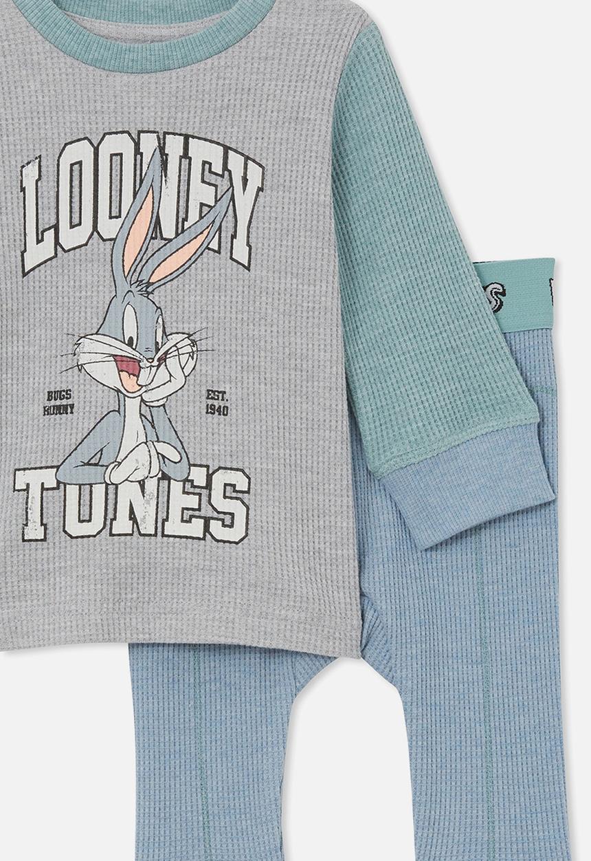 Cotton On - The baby waffle pyjama set licensed - lcn wb dusty blue marle/bugs bun