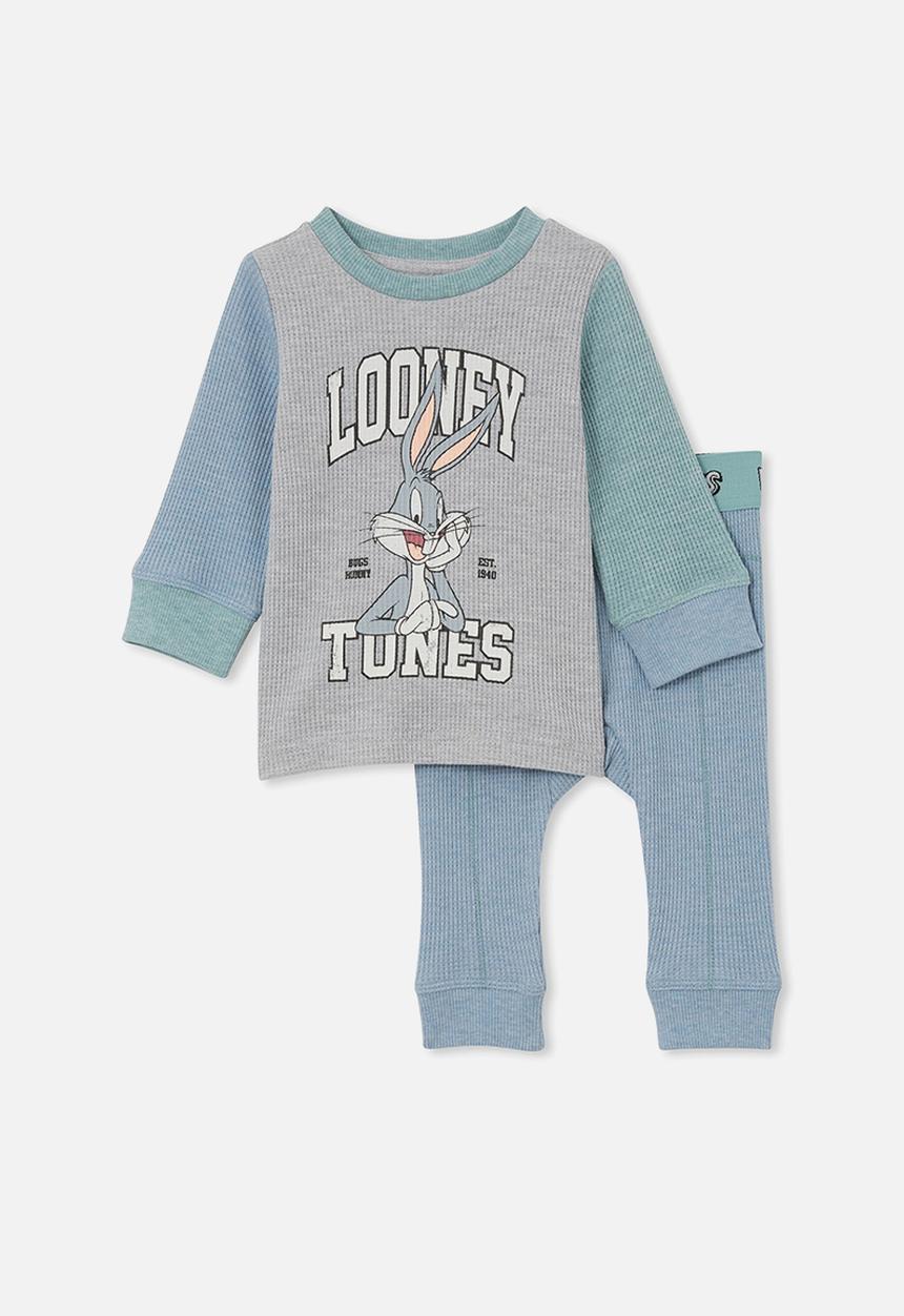 Cotton On - The baby waffle pyjama set licensed - lcn wb dusty blue marle/bugs bun