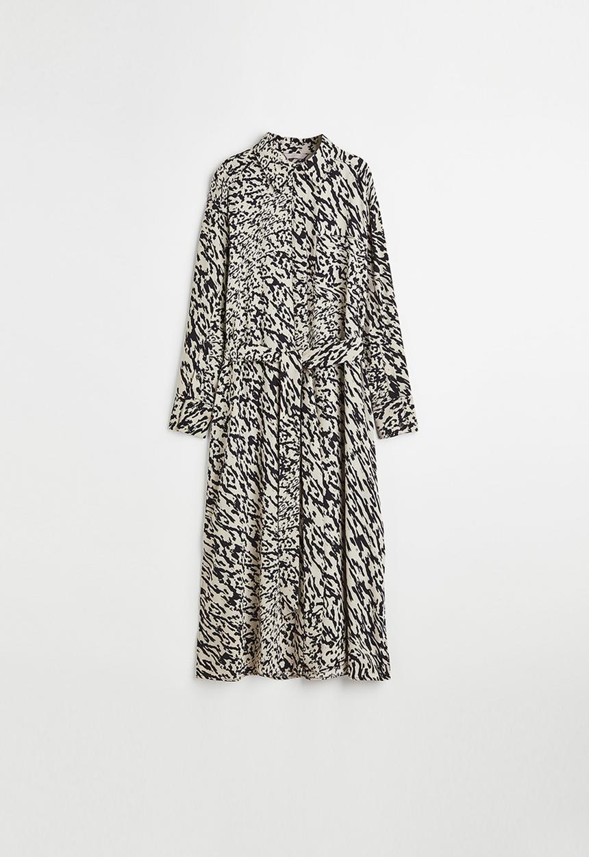 H&M - Tie-belt shirt dress - light beige/patterned
