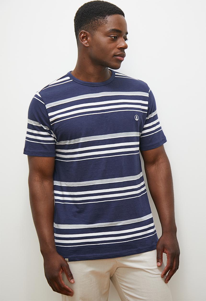 Lark & Crosse - L&c striped crew slub tee - navy & white