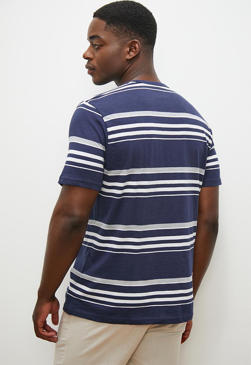 Lark & Crosse - L&c striped crew slub tee - navy & white