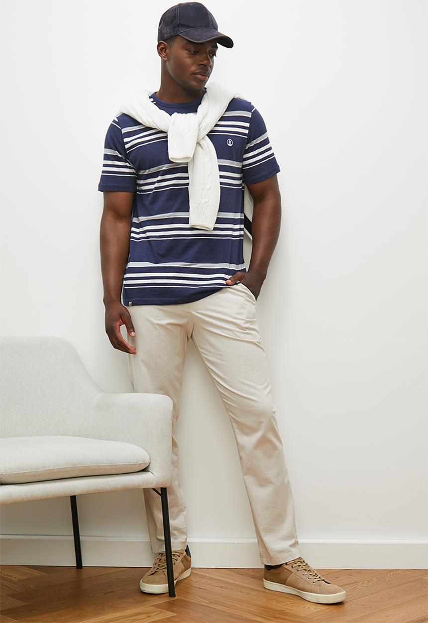 Lark & Crosse - L&c striped crew slub tee - navy & white