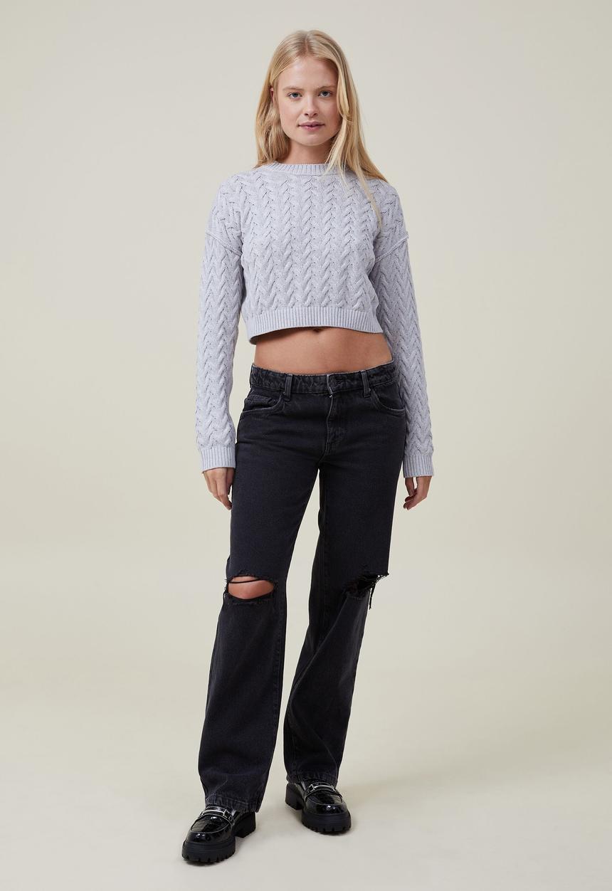 Cotton On - Crop cable crew - soft grey marle