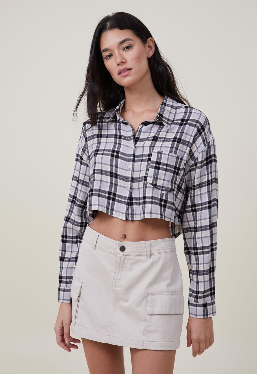 Cotton On - Cropped boyfriend flannel shirt - linda check grey