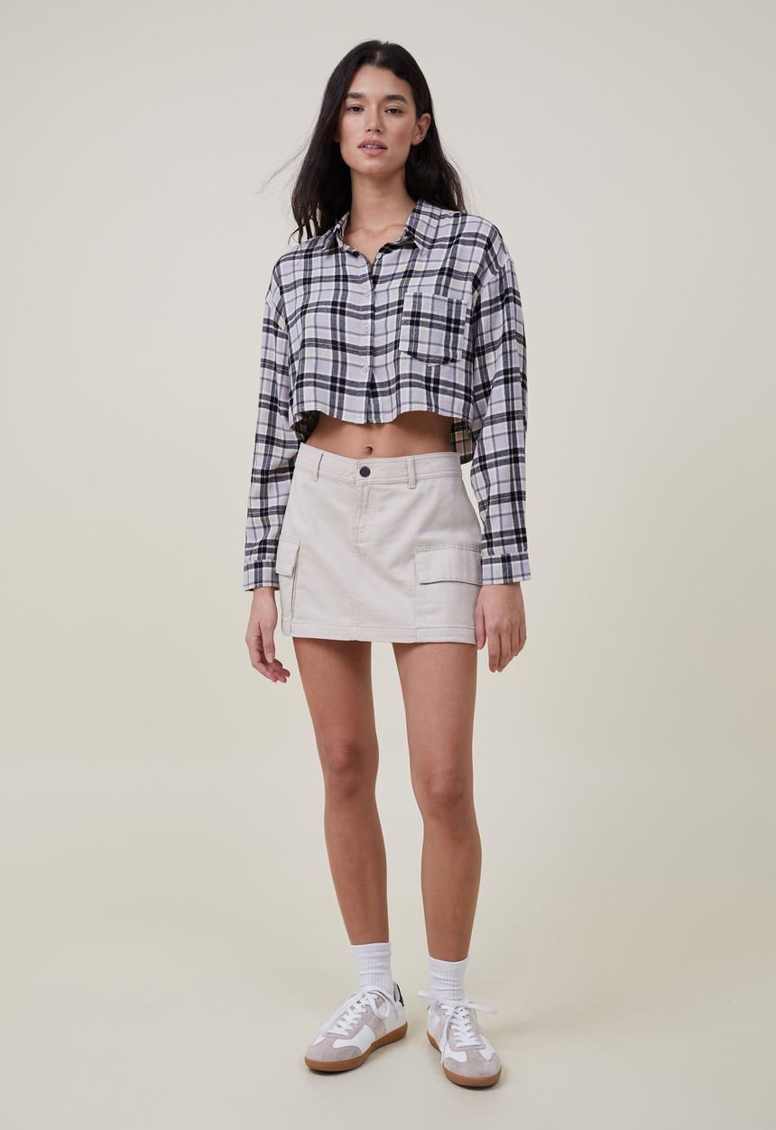 Cotton On - Cropped boyfriend flannel shirt - linda check grey