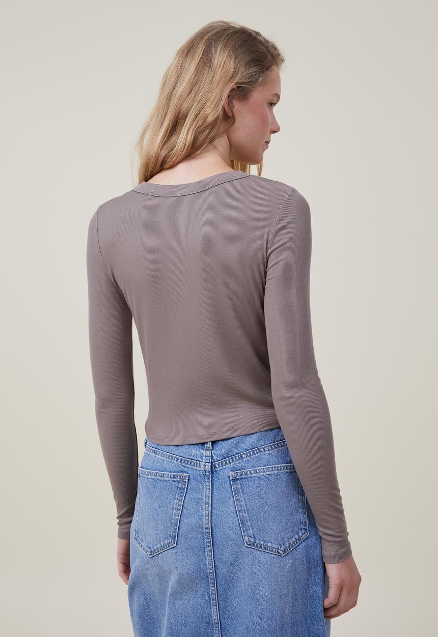 Cotton On - Staple rib crew neck long sleeve top - mocha