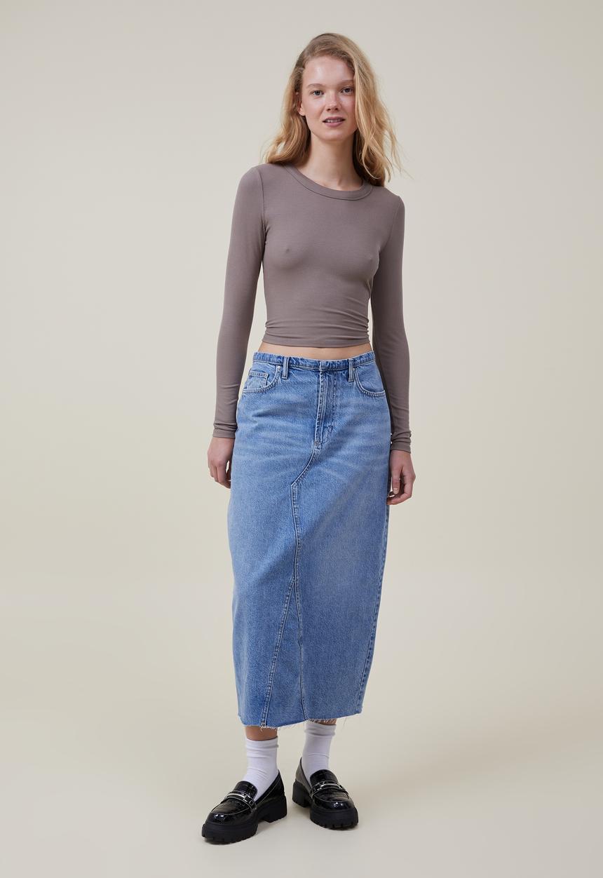 Cotton On - Staple rib crew neck long sleeve top - mocha