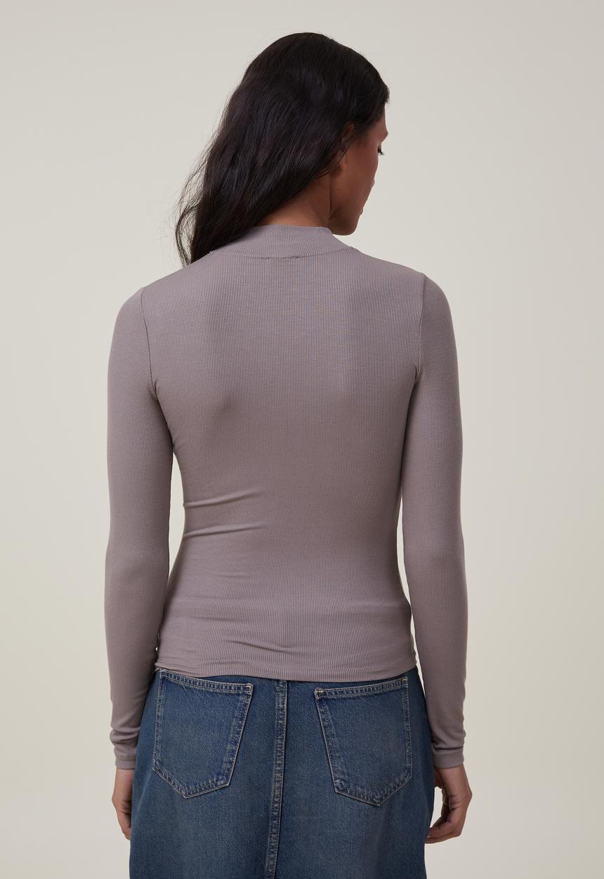Cotton On - Staple rib mock neck long sleeve top - mocha