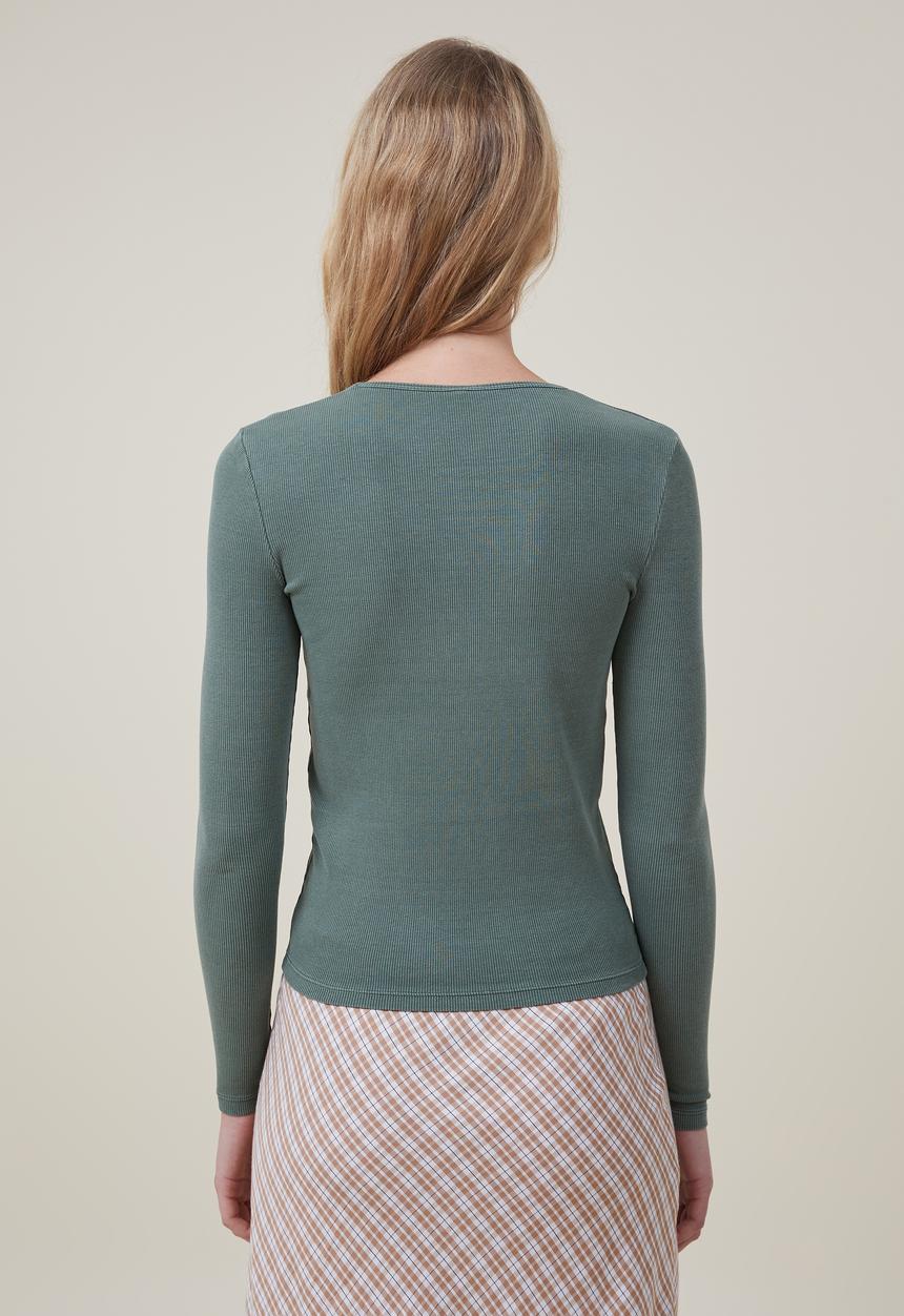 Cotton On - The one organic rib crew long sleeve top - washed daintree