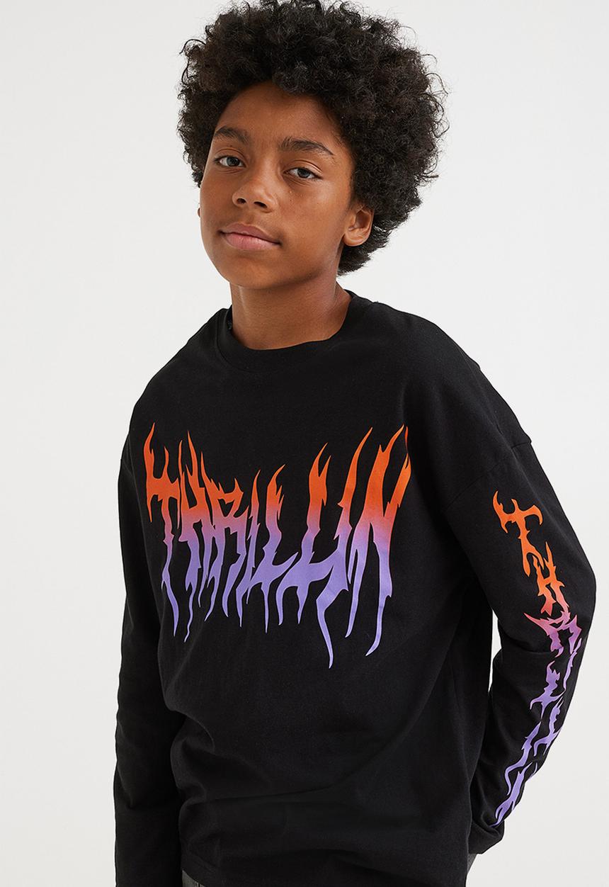 H&M - Print-motif jersey top - black/flames