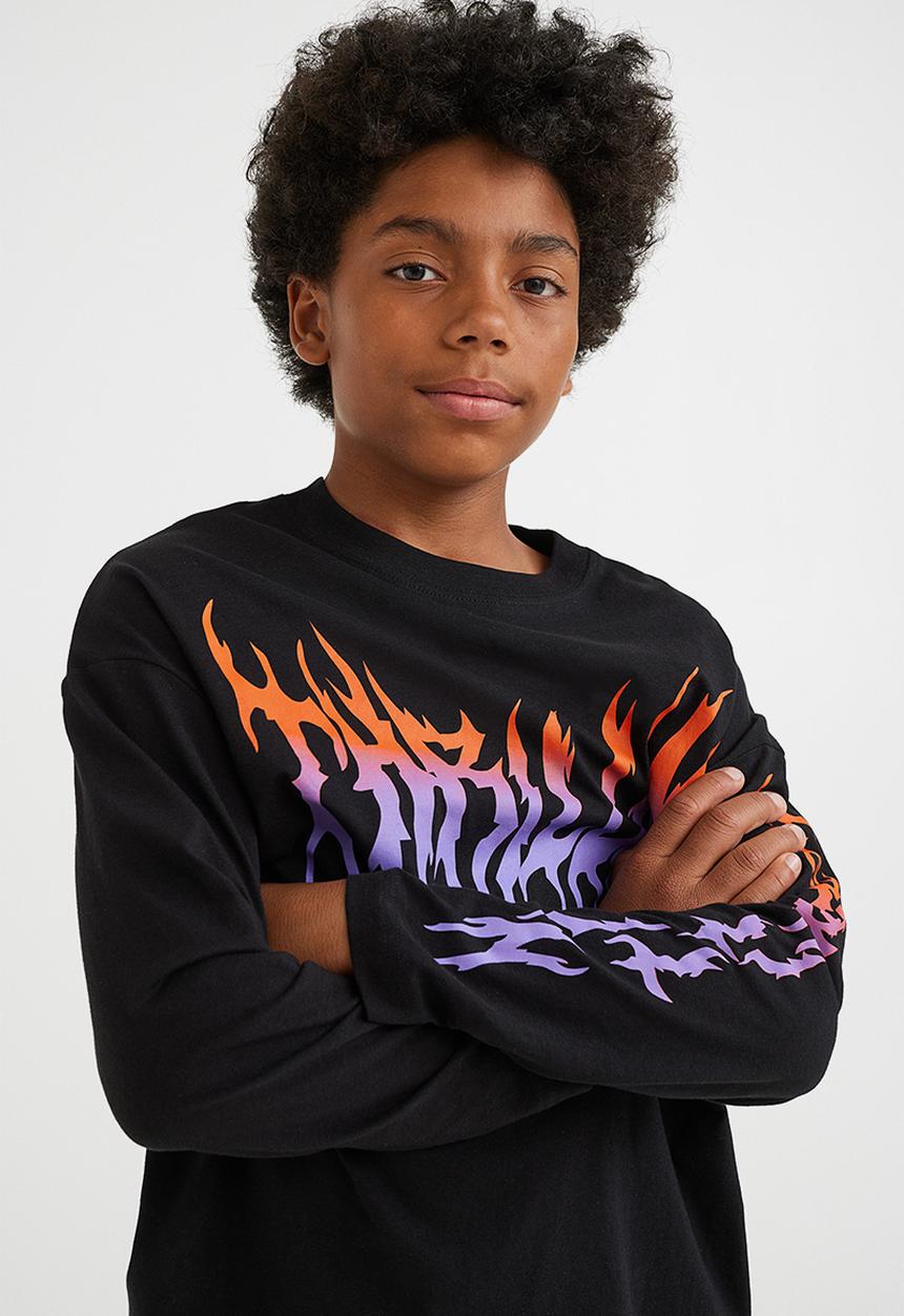 H&M - Print-motif jersey top - black/flames
