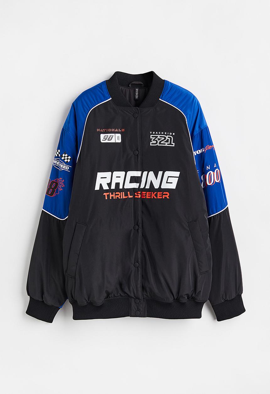 H&M - Oversized printed bomber jacket - black/bright blue