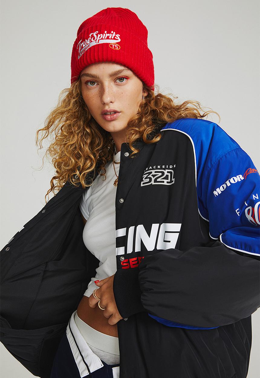 H&M - Oversized printed bomber jacket - black/bright blue