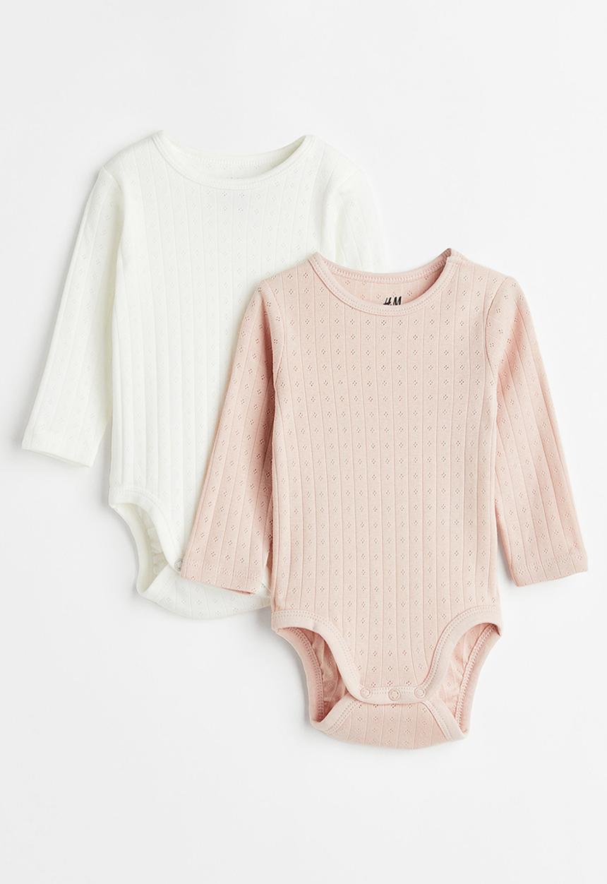 H&M - 2-Pack long-sleeved bodysuits - powder pink/white