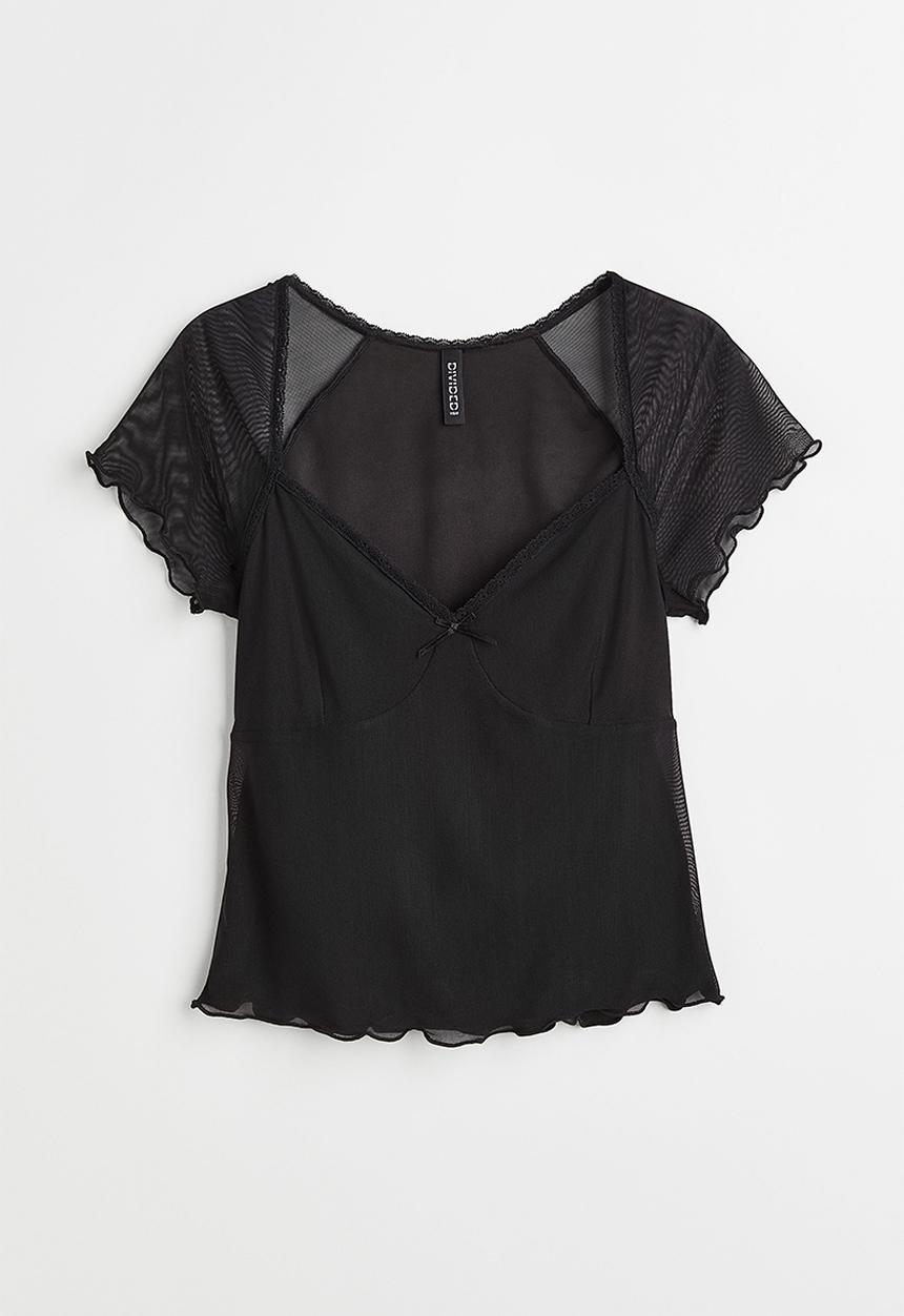 H&M - Lace-trimmed mesh top - black