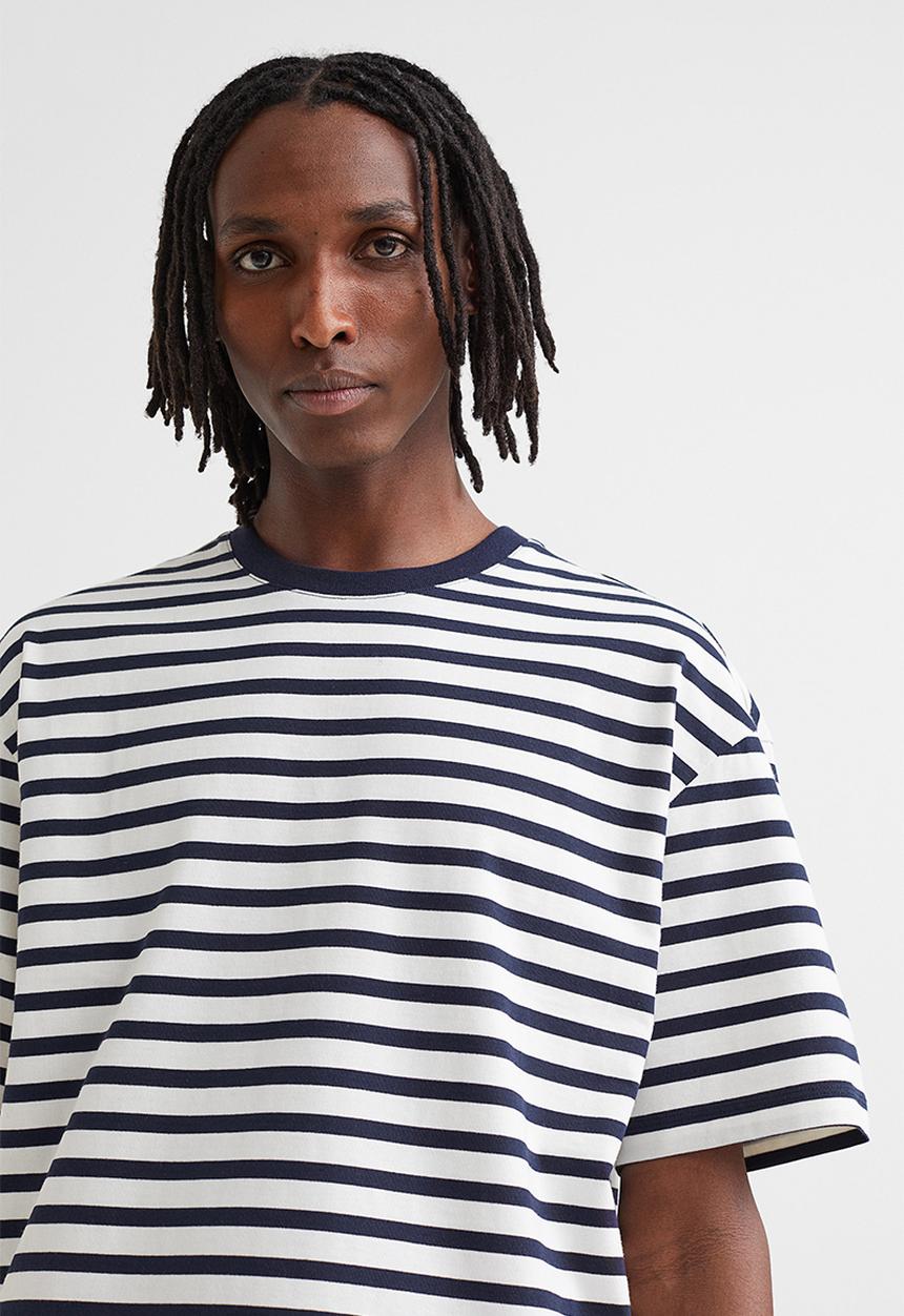 H&M - Relaxed fit cotton t-shirt - navy blue/white striped