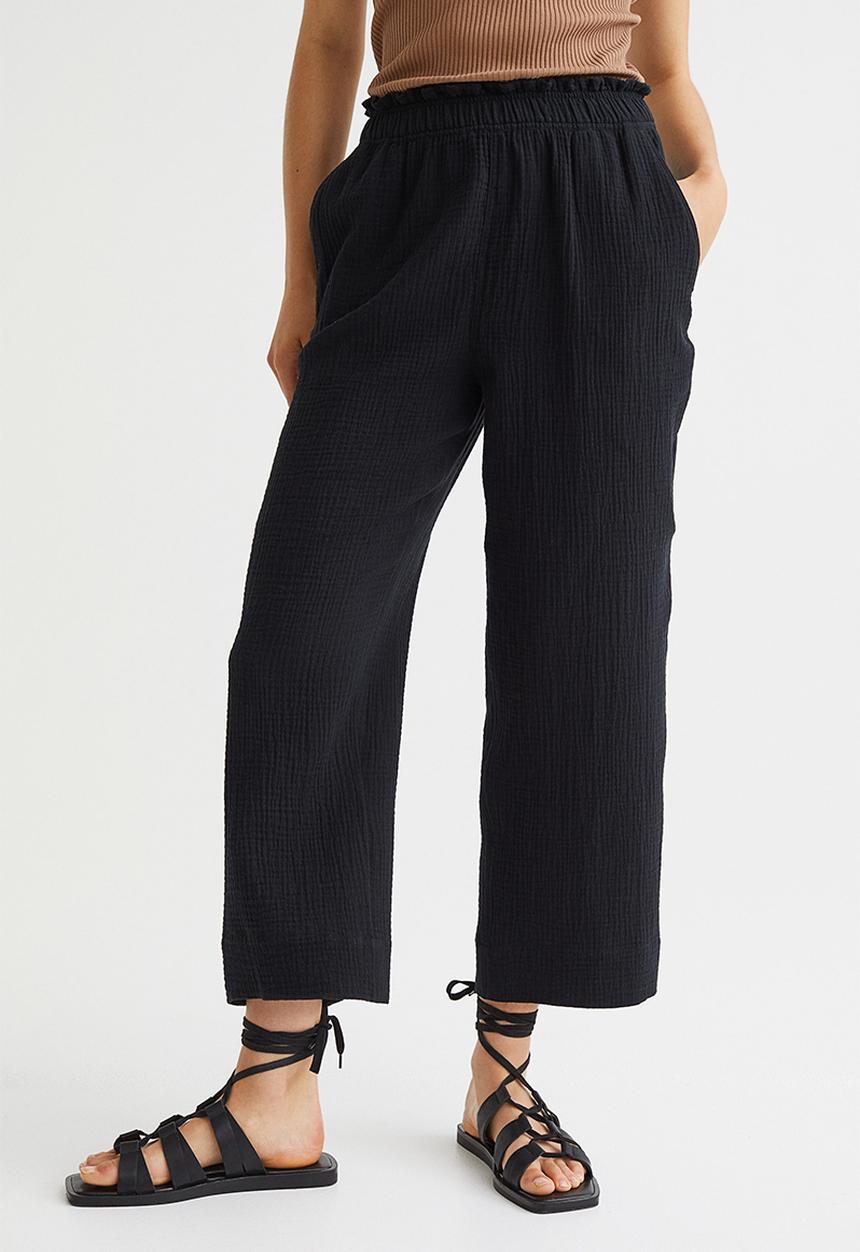 H&M - Crinkled cotton trousers - black