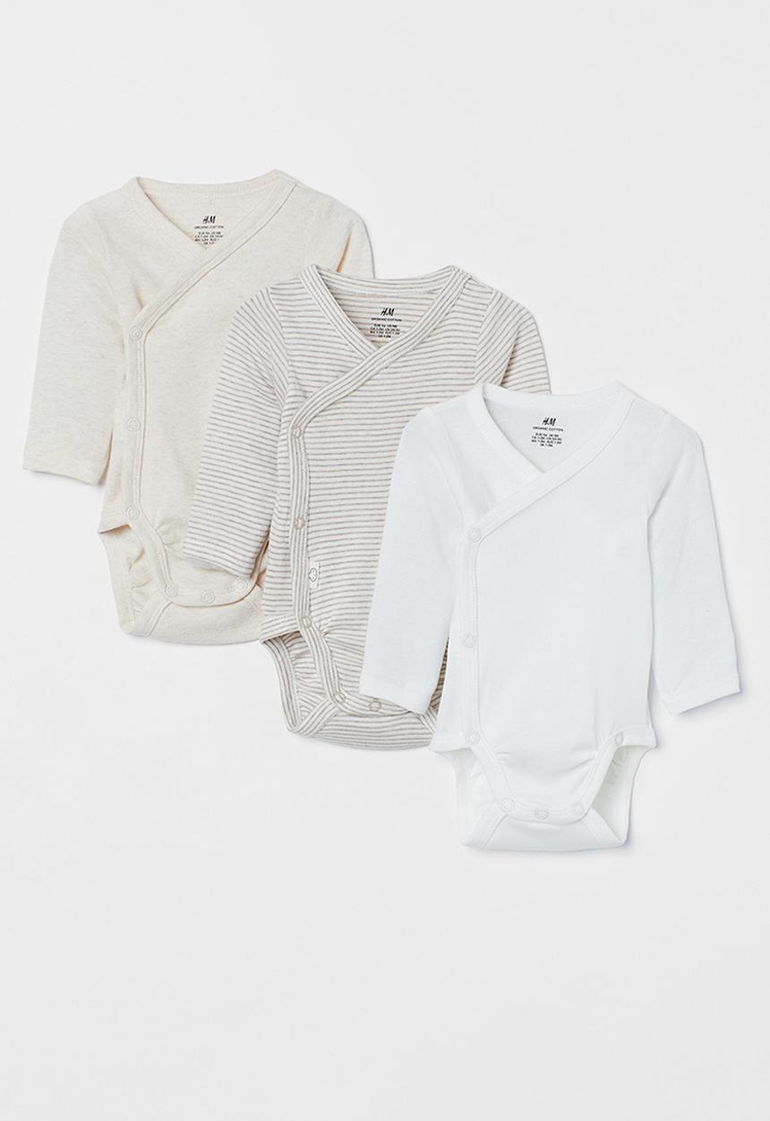 H&M - 3-Pack long-sleeved bodysuits - light beige/striped